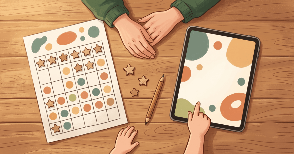 Papier-Sternchenplan und Tablet liegen zum Vergleich nebeneinander auf dem Küchentisch