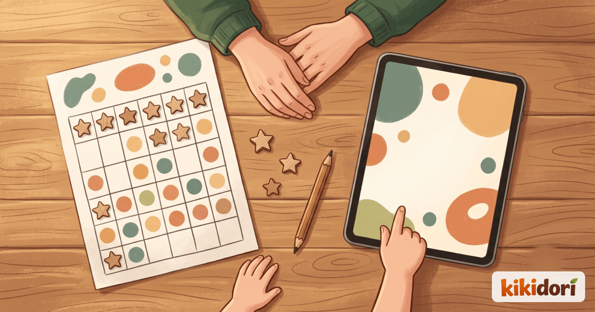 Papier-Sternchenplan und Tablet liegen zum Vergleich nebeneinander auf dem Küchentisch