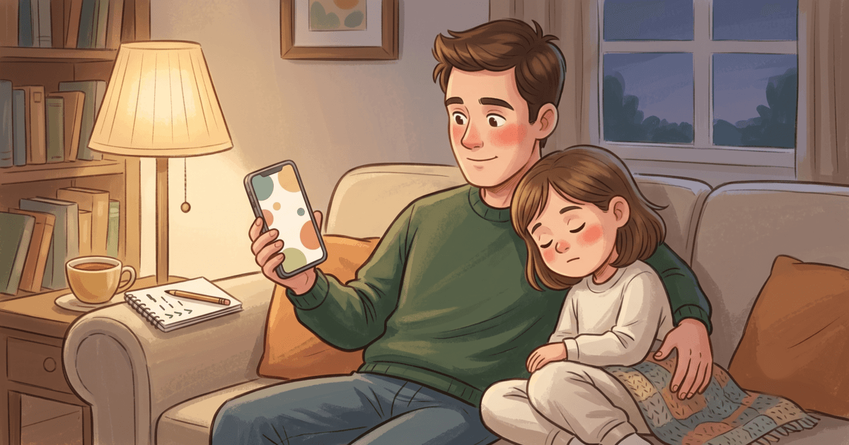Vater vergleicht abends auf dem Sofa Apps auf dem Handy, während sein Kind an seiner Schulter schläft