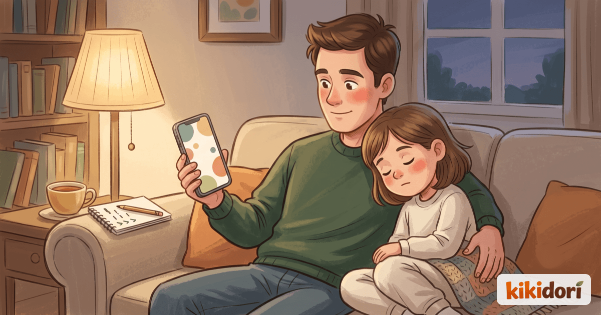 Vater vergleicht abends auf dem Sofa Apps auf dem Handy, während sein Kind an seiner Schulter schläft