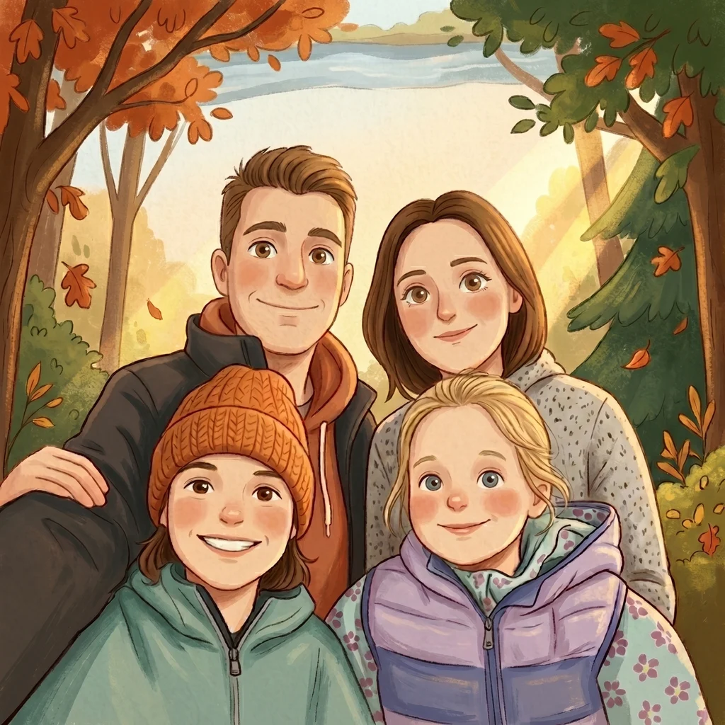 Illustration der Familie hinter Kikidori im herbstlichen Wald