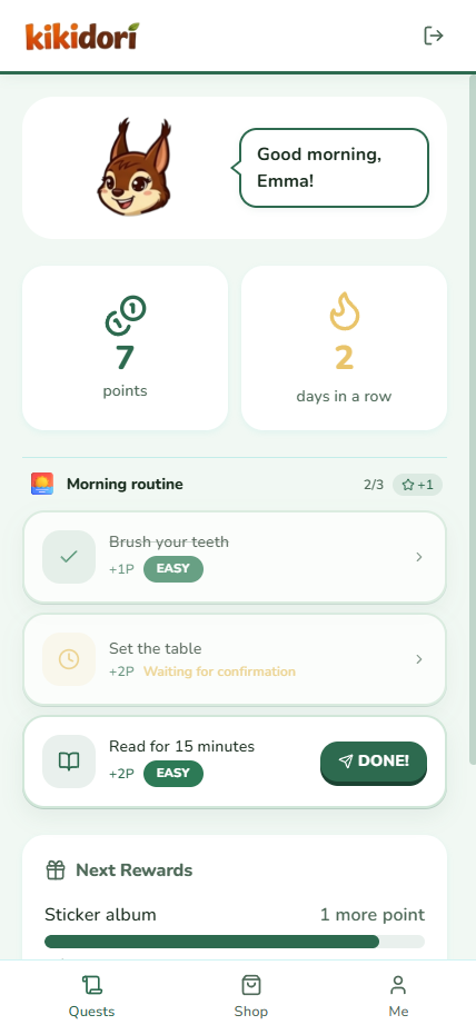Child view with points, badges and weekly rhythm