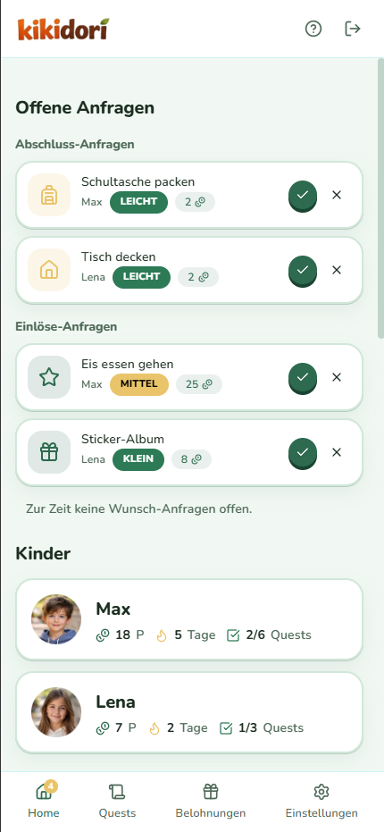 Eltern-Dashboard mit Aufgabenliste, Fortschrittsbalken und Tagesübersicht