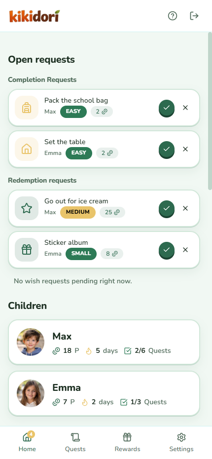 Parent dashboard with task list, progress bars and daily overview