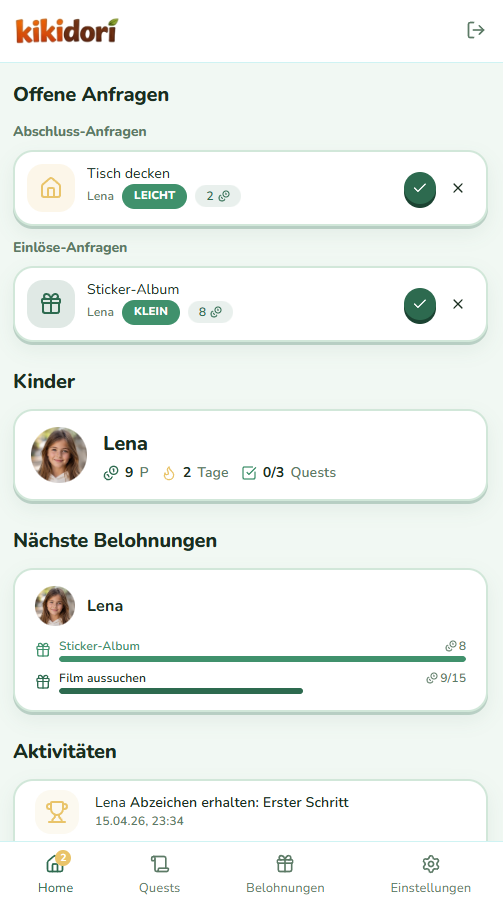 Eltern-Dashboard mit Aufgabenliste, Fortschrittsbalken und Tagesübersicht